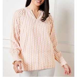 TALBOTS Womens Large Jacquard Stripe Swiss dot Smocked Cuff Split Neck Top L